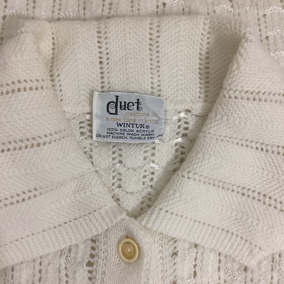 Women’s Cream Knit Collared LS Button Down Sweater Cardigan Zigzag Hem/Edges - Picture 4 of 5